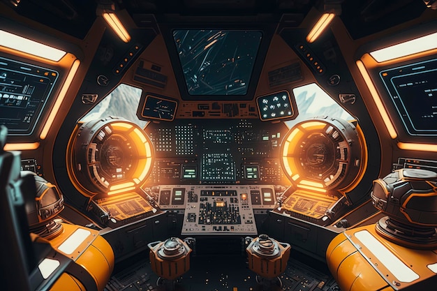 A futuristic spaceship cockpit with sophisticated technology and control panels