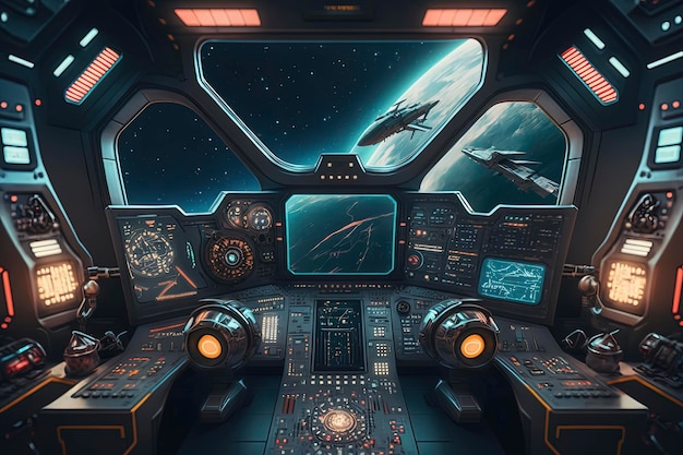 Foto una futuristica cabina di pilotaggio di un'astronave con tecnologia sofisticata e pannelli di controllo