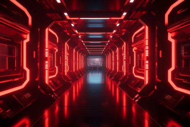 Futuristic spaceship corridor with glowing red neon lights generative ai