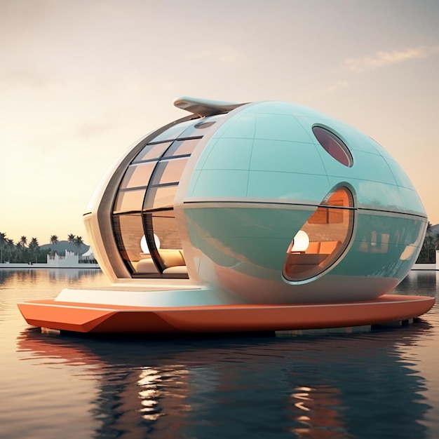 a futuristic spaceship floating on the water with a sky background