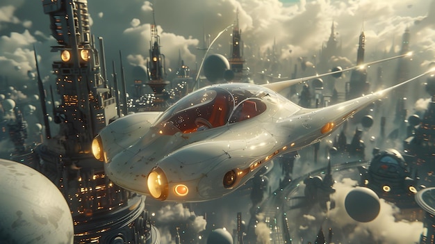 Futuristic Spaceship Flying in Art Nouveau Style Space