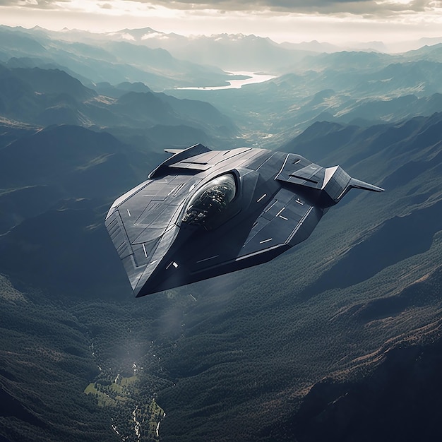 山脈を飛ぶ未来的な宇宙船