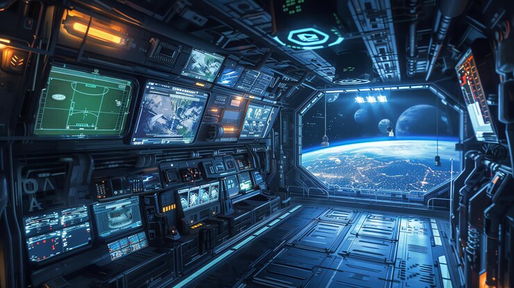 Photo futuristic spaceship interior with a view of earth and the cosmos