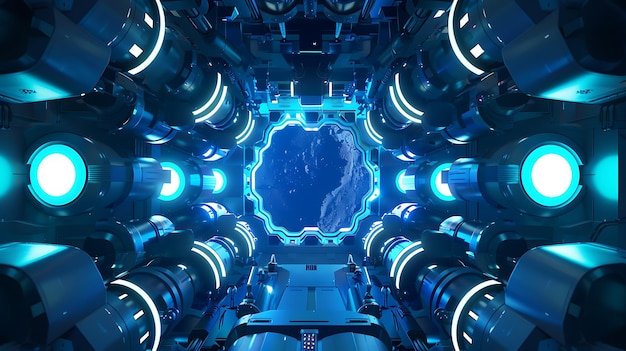 futuristic spaceship interior with view of earth
