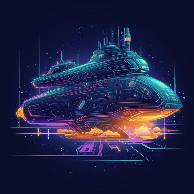 Futuristic Spaceship Traveling Through NeonLit Galaxy