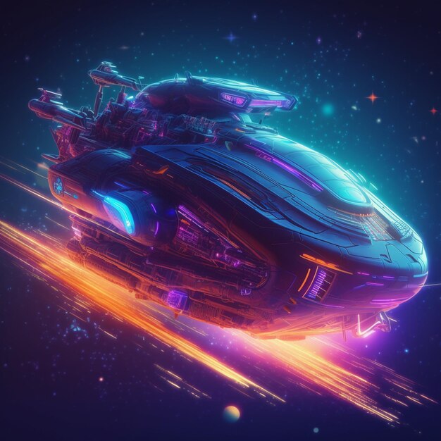 Futuristic Spaceship Traveling Through NeonLit Galaxy