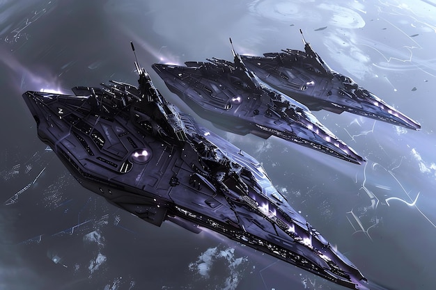 futuristic spaceships flying in formation