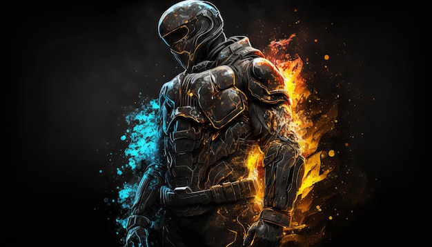 Futuristic special force soldier Blue and Orange yellow Isolated on a black background Generated AI