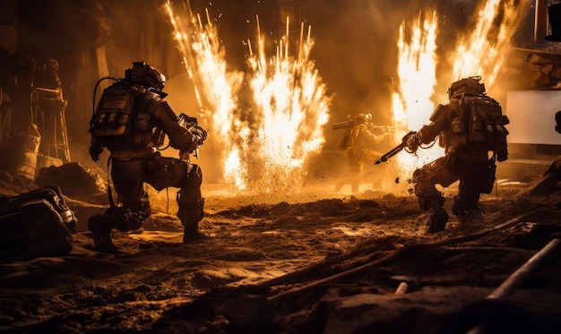Futuristic special forces fighting among the ruins and explosions Soldiers in modernistic uniform and new technology guns on mission Generative AI