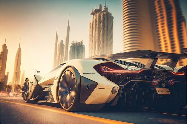 Futuristic speed dubai future machines hypercar rushes through the city