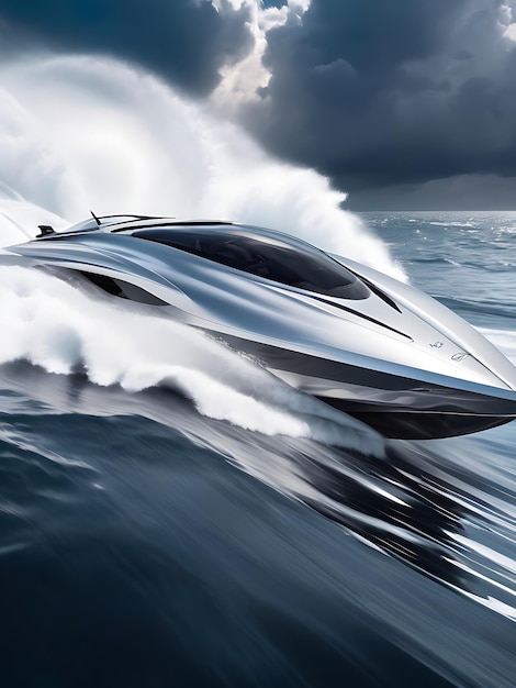 Photo a futuristic speedboat sleek and silver cutting