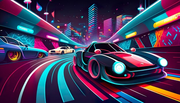 Photo futuristic speedway with riding sport car creative illustration ai generate