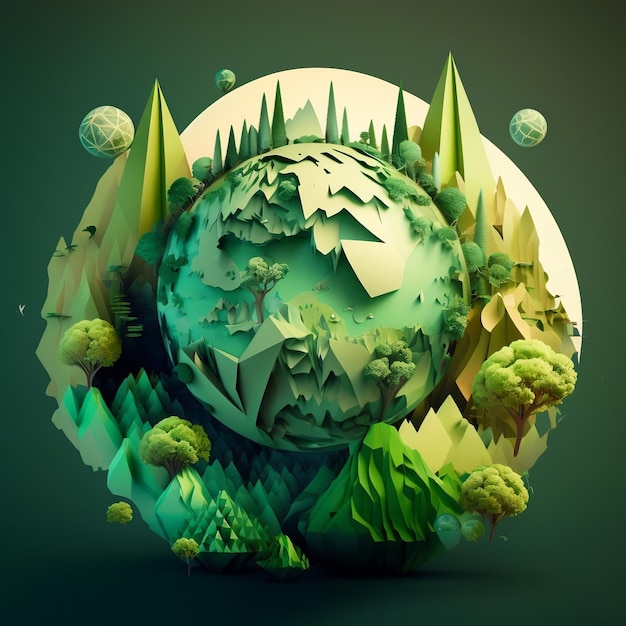 Futuristic Sphere of Earth with Paper Art Featuring a Green Forest City on a Crystal Planet Generative AI