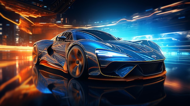 Futuristic sport car on the blue light