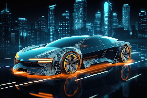 Futuristic sport car on dark background Electric automotive vehicle with glowing led lights Digital visualisation of futuristic transportation