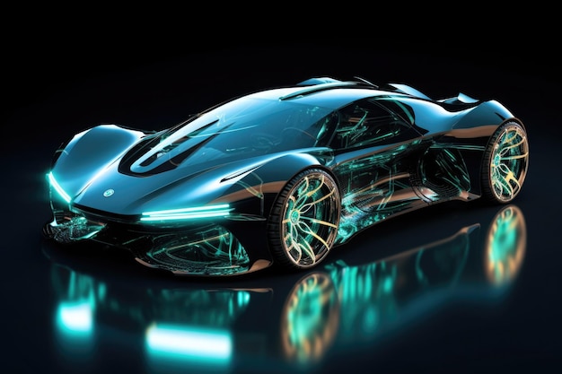 Futuristic sport car on dark background Electric automotive vehicle with glowing led lights Digital visualisation of futuristic transportation