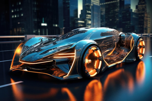 Futuristic sport car on dark background Electric automotive vehicle with glowing led lights Digital visualisation of futuristic transportation