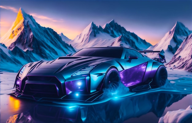 A futuristic sport car racing on a glassy