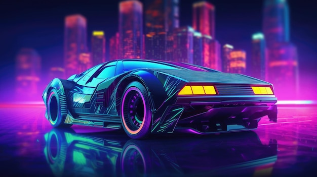 Futuristic sport car with neon lights at cyberpunk city street Generative AI