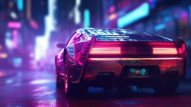 Auto sportiva futuristica con luci al neon sulla strada della città cyberpunk ia generativa