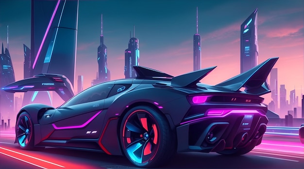 Photo a futuristic sportive car with skyscrapers in background