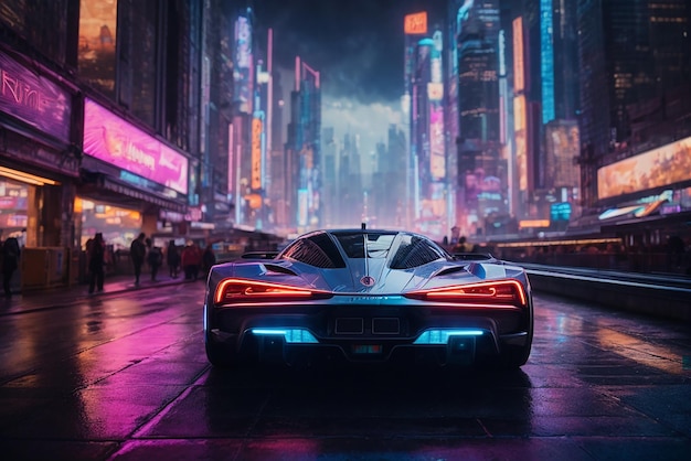 a futuristic sports automobile in a neon city and a cyberpunk urban scenery with car