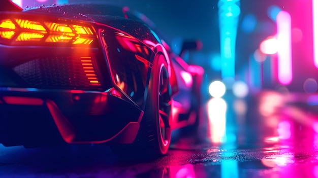 Futuristic sports car on an abstract colorful neon background