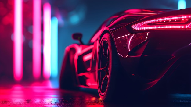 Futuristic sports car on an abstract colorful neon background