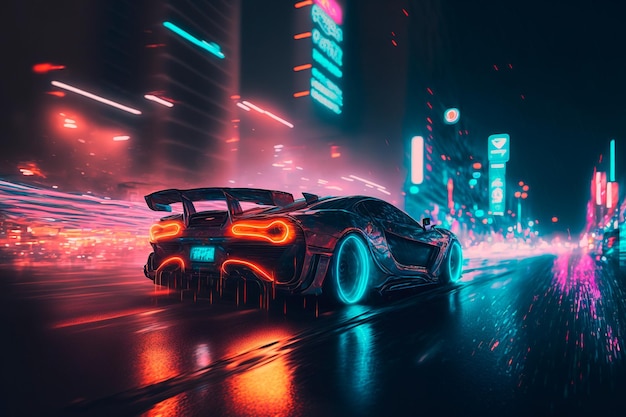 Futuristic sports car drifting in the neon street