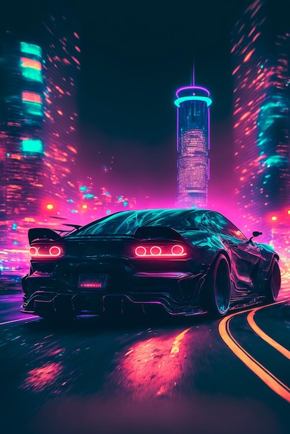 Futuristic sports car drifting in the neon street