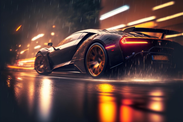 Futuristic sports car drives on city street in rain luxury auto at urban road at night generative AI