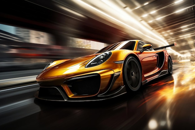 Futuristic Sports Car On Highway Powerful acceleration of a supercar on a night track Generative Ai