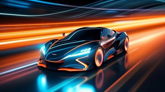 Futuristic Sports Car On Highway Powerful acceleration of a supercar on a night track with lights