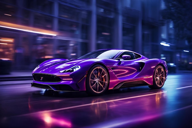 Photo futuristic sports car on highway powerful acceleration of a supercar on a night track with lights a