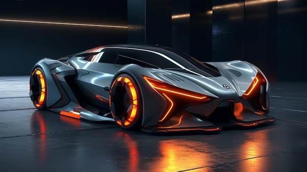 futuristic sports car illuminated by bright headlights