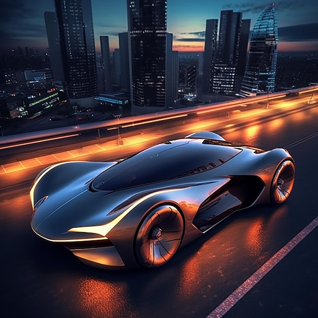 Futuristic sports car in motion perspective front view nonexistent car design illustration