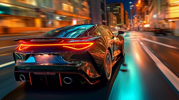 Futuristic Sports Car on Neon Highway Accelerating Night Racer Flashing Forward Generative Ai