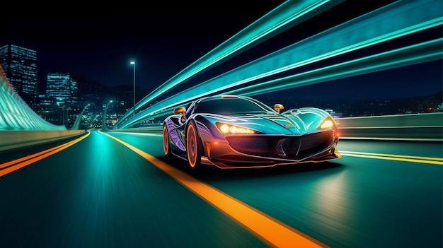 Futuristic Sports Car on Neon Highway Accelerating Night Racer Flashing Forward Generative Ai