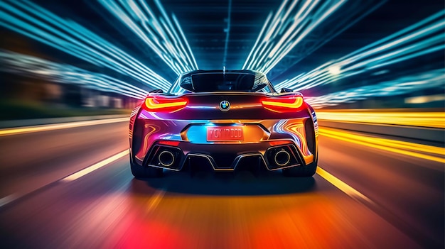 Photo futuristic sports car on neon highway accelerating night racer flashing forward generative ai