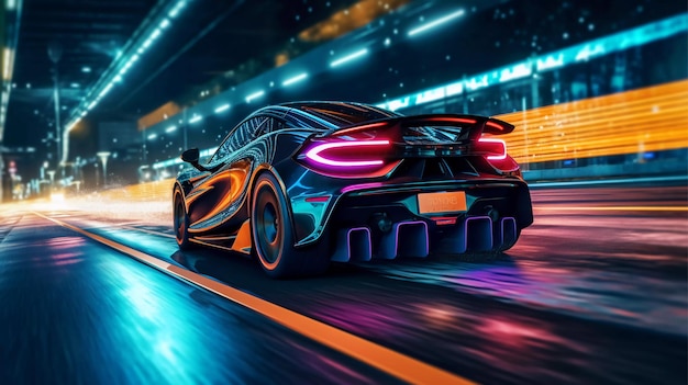 Futuristic Sports Car on Neon Highway Accelerating Night Racer Flashing Forward Generative Ai