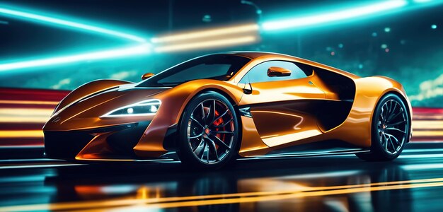 Futuristic Sports Car On Neon Highway Powerful acceleration of a supercar on a night track with col