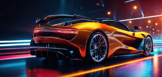 Futuristic Sports Car On Neon Highway Powerful acceleration of a supercar on a night track with col