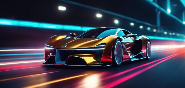 Futuristic Sports Car On Neon Highway Powerful acceleration of a supercar on a night track with col