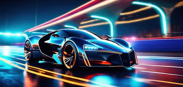 Futuristic Sports Car On Neon Highway Powerful acceleration of a supercar on a night track with col