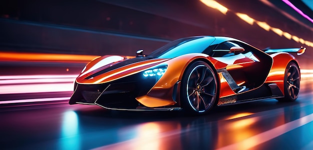 Futuristic Sports Car On Neon Highway Powerful acceleration of a supercar on a night track with col