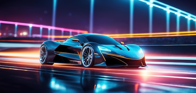 Futuristic Sports Car On Neon Highway Powerful acceleration of a supercar on a night track with col