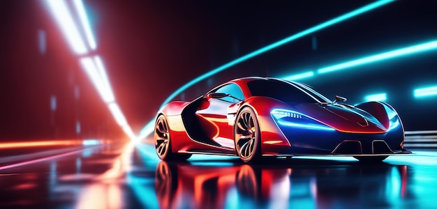 Futuristic Sports Car On Neon Highway Powerful acceleration of a supercar on a night track with col
