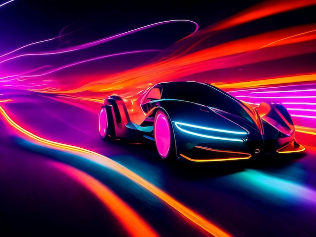 Futuristic Sports Car On Neon Highway Powerful acceleration of a supercar on a night track