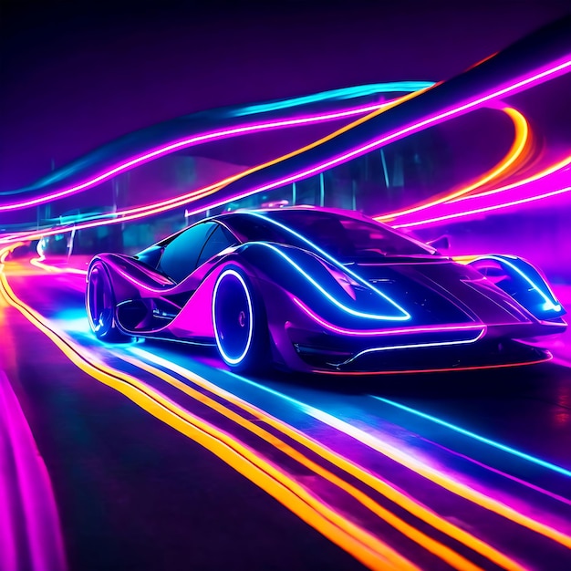 Futuristic Sports Car On Neon Highway Powerful acceleration of a supercar on a night track