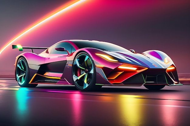 Futuristic Sports Car On Neon Highway Powerful acceleration of a supercar with colorful lights